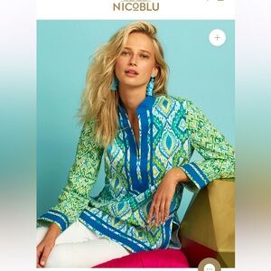 NICOBLU NICOBAR 100% COTTON TUNIC IN JUNGLE GREEN IKAT, NWOT, size LARGE